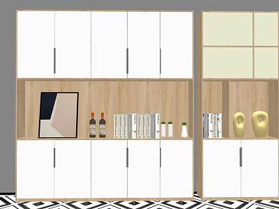 Modern Wine Cabinet With White Doors Wooden Shelves Wine Bottles Books And Geometric Art 3d model