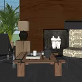 Modern Living Room Featuring Stylish Accent Chair Wooden Wall Green Plant And Coffee Table