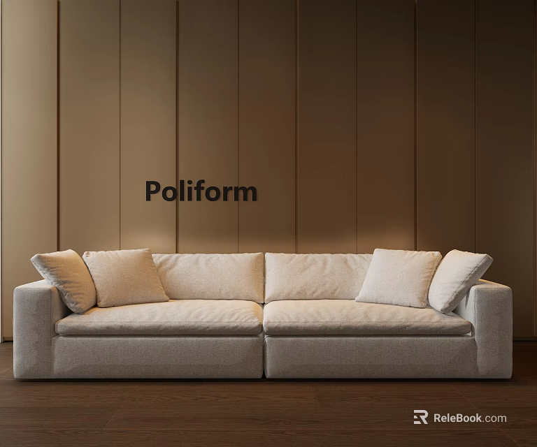 Modern Minimalist Ivory Sectional Sofa With Throw Pillows Against Brown Wooden Wall 3d model 