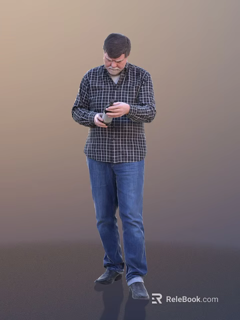 Man in plaid shirt and blue jeans holding smartphone on plain background 3d model 