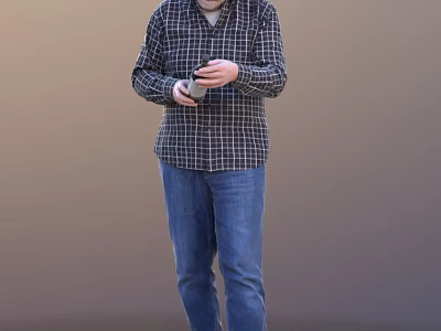 Man in plaid shirt and blue jeans holding smartphone on plain background 3d model