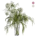Elegant Floral Display with White Flowers and Green Foliage in Transparent Glass Vase