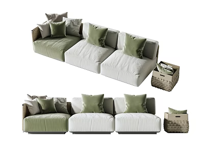 Modern Comfortable Three Seater Sofa With Green White Cushions And Woven Side Basket 3d model