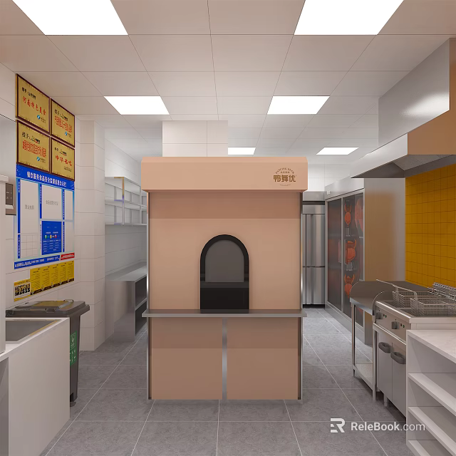 Commercial Kitchen Interior With Pass Through Window Stainless Steel Equipment And Yellow Tiled Walls 3d model 