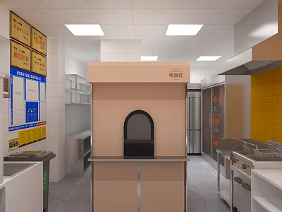 Commercial Kitchen Interior With Pass Through Window Stainless Steel Equipment And Yellow Tiled Walls 3d model
