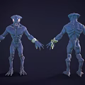 Blue Creature 3D Model Featuring Glowing Eyes Arm Ornaments Muscular Build Front And Back Views 3d model