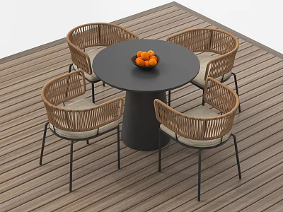 Outdoor Sofa Featuring Rattan Material Black Metal Legs Beige Cushions On Wooden Deck 3d model