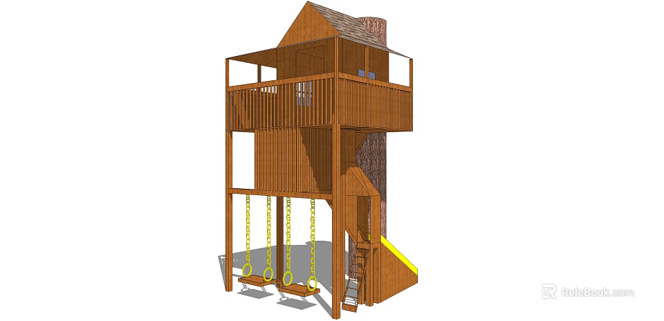 Wooden Kids Play Tower With Swings Slide And Second Floor Platform 3d model 