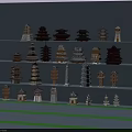 Various Traditional Tower Models Displayed On Multiple Shelves With Different Styles