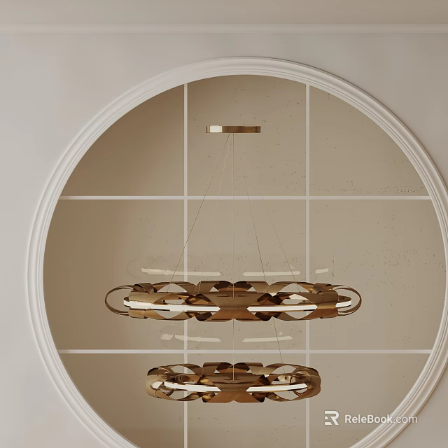 Modern Gold Layered Ring Chandelier With Geometric Pattern Wall And Circular Frame Design 3d model