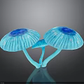 Bioluminescent Blue Mushrooms with Ruffled Edges Deep Blue Centers and Shiny Reflections on Dark Background