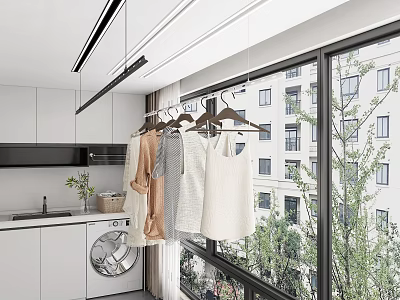Clothes Hangers with Hanging Clothes in Modern Laundry Balcony Near Washing Machine and Window 3d model