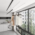 Clothes Hangers with Hanging Clothes in Modern Laundry Balcony Near Washing Machine and Window