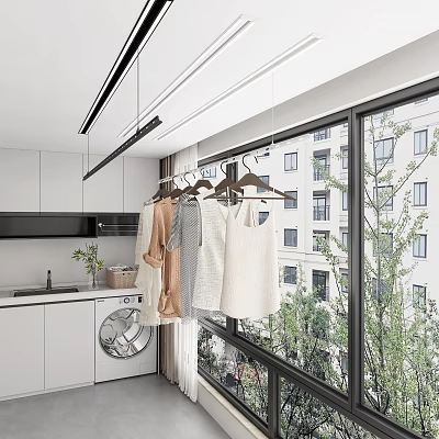 Clothes Hangers with Hanging Clothes in Modern Laundry Balcony Near Washing Machine and Window 3d model