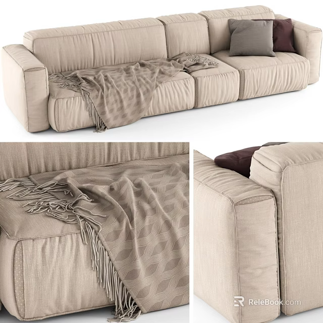 Beige Fabric Sectional Sofa With Soft Blanket Decorative Cushions And Stitched Texture 3d model