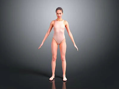 Woman In Pink Leotard Standing Barefoot With Arms Naturally Hanging On Gray Background 3d model