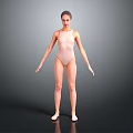 Woman In Pink Leotard Standing Barefoot With Arms Naturally Hanging On Gray Background