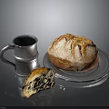 Fresh Crusty Bread On Silver Plate With Sliced Piece And Silver Mug And Crumbs