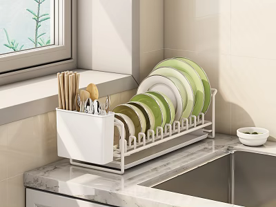 Dishware Set With Green And White Plates Utensils In Metal Rack On Kitchen Sink Countertop 3d model