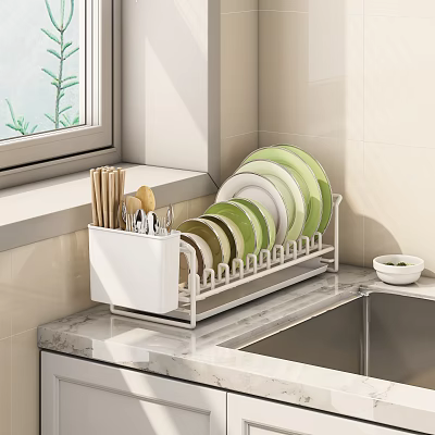 Dishware Set With Green And White Plates Utensils In Metal Rack On Kitchen Sink Countertop 3d model