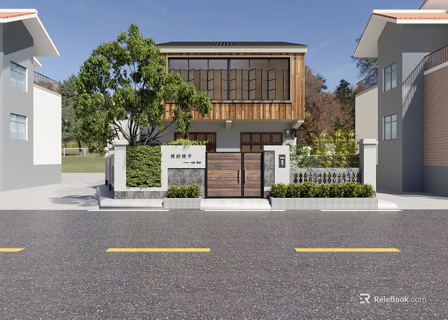 Single Family Villa With Traditional Wooden Exterior Large Windows Courtyard Green Plants And Main Gate 3d model 