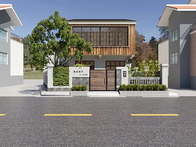 Single Family Villa With Traditional Wooden Exterior Large Windows Courtyard Green Plants And Main Gate 3d model
