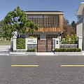 Single Family Villa With Traditional Wooden Exterior Large Windows Courtyard Green Plants And Main Gate