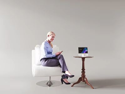 Stylish Leisure Sofa Set In White With Side Table And Laptop For Modern Living 3d model