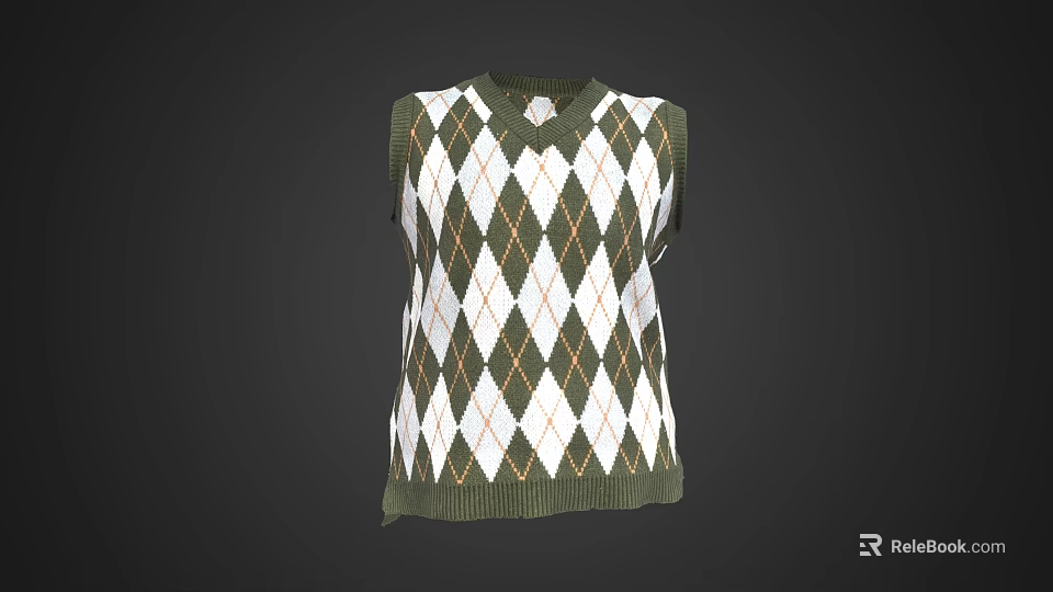 Fashionable Green And White Argyle Pattern Knitted Vest For Casual Outfits 3d model 