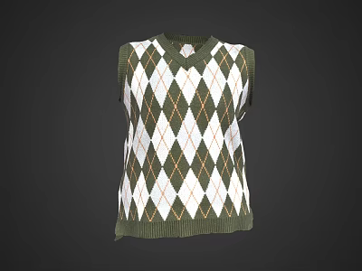 Fashionable Green And White Argyle Pattern Knitted Vest For Casual Outfits 3d model