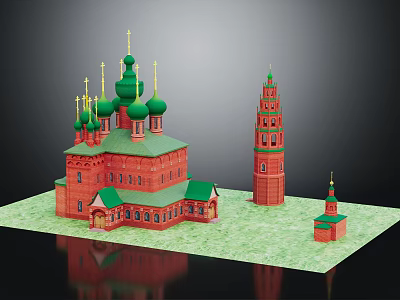 Russian Orthodox Church Architectural Model With Green Domes And Red Brick 3d model