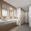 Modern Public Toilet Interior With Marble Washbasins Wooden Mirrors And Cubicles