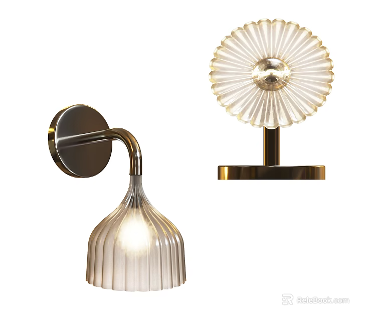 Illuminated Modern Wall Lamps Featuring Gold Base Curved Arm And Flower Shaped Design 3d model 
