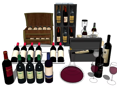 Assorted Wine Bottles And Wine Glasses With Wine Rack Wooden Case And Pouring Wine 3d model