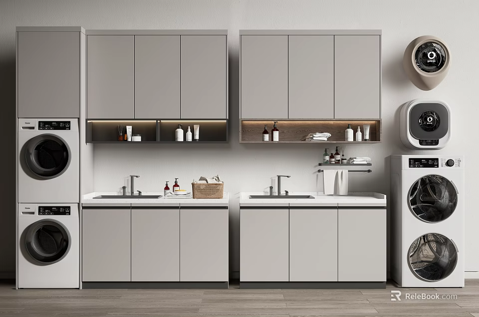 Modern Bathroom Cabinetry Design With Double Sinks Upper Storage And Toiletries 3d model 