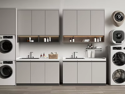 Modern Bathroom Cabinetry Design With Double Sinks Upper Storage And Toiletries 3d model