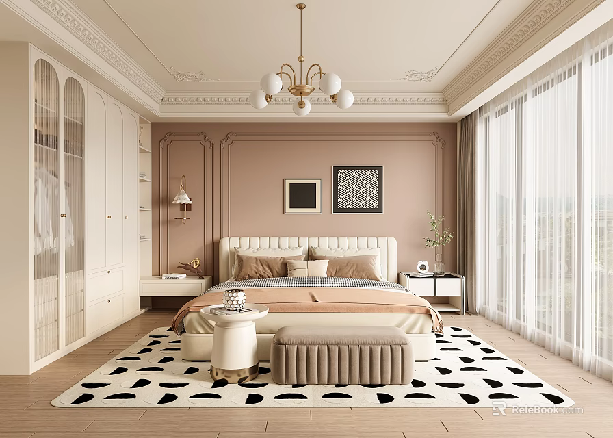 Elegant Bedroom Interior With Upholstered Headboard Framed Artworks Chandelier Black White Patterned Rug And Large Windows 3d model 