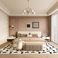 Elegant Bedroom Interior With Upholstered Headboard Framed Artworks Chandelier Black White Patterned Rug And Large Windows