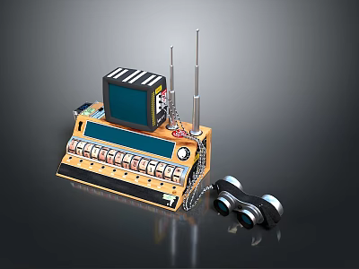 Retro Electronic Device With TV Screen Antennas Multiple Knobs Buttons And Headphones 3d model