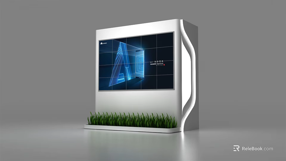 Modern Background Wall With Digital Screen AI Display And Green Grass 3d model 