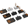 Stylish Black Kitchen Sink With Gold Faucet Wooden Board And Metal Rack