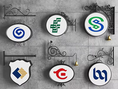 Various Designed Signboards With Decorative Brackets Bells And Logos On Metal Frames 3d model