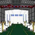 Industrial Manufacturing Plant With Green Floor Yellow Lines And Red Crane Machinery