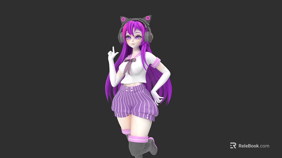 Anime Woman With Purple Long Hair Cat Ear Headphones White Top Striped Shorts Posing 3d model 