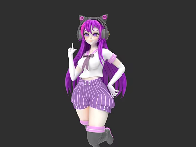 Anime Woman With Purple Long Hair Cat Ear Headphones White Top Striped Shorts Posing 3d model