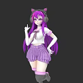 Anime Woman With Purple Long Hair Cat Ear Headphones White Top Striped Shorts Posing