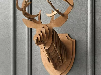 Wooden Deer Head Wall Decor With Brown 3D Design On Gray Wall 3d model