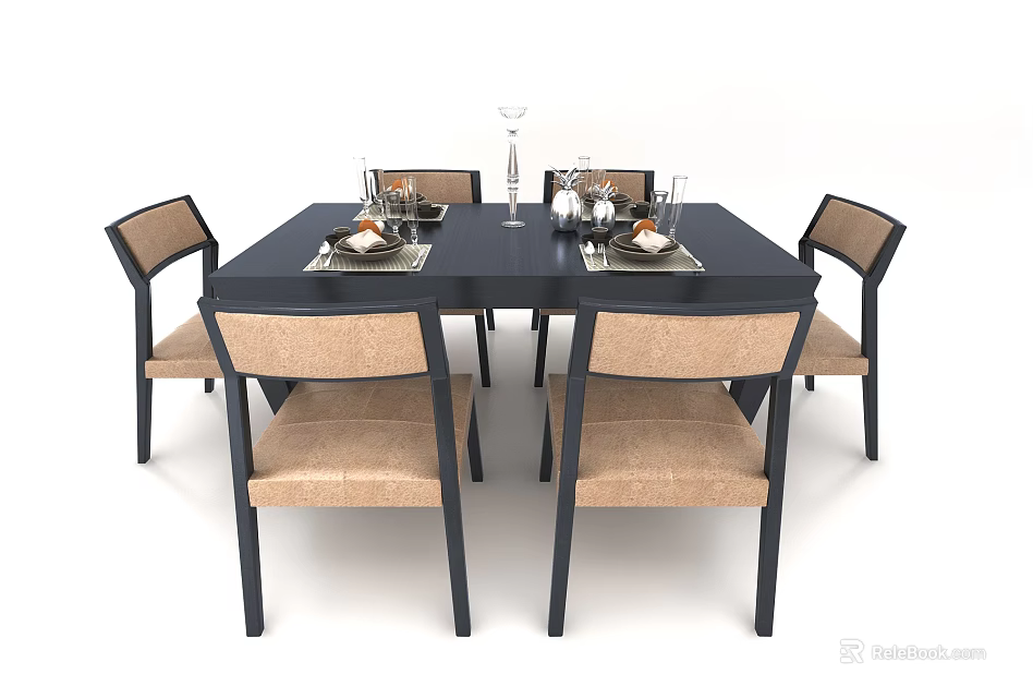 Elegant Black Dining Table Set With Six Beige Fabric Chairs And Tableware Decorations 3d model
