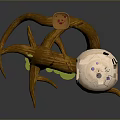 Wooden Art Sculpture With Planetary Sphere Insect Like Legs And Green Elements