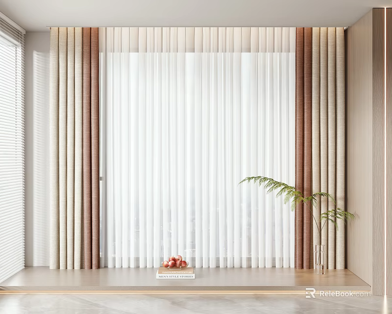 Modern Sheer White Curtains with Beige Brown Panels in Window Area and Green Plant 3d model 